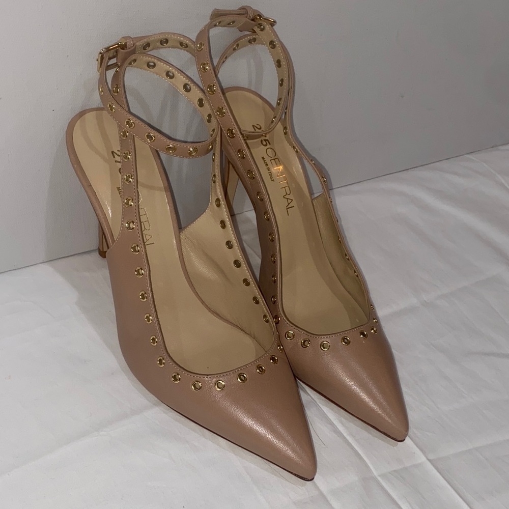 275 Central Nude Grommet Studded Heels adjustable ankle strap Italy Size 7 NWOT